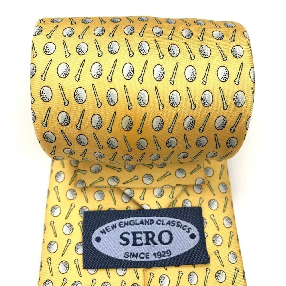 SERO New England Classics Yellow Golf Balls Nails 100% Silk Handmade Necktie 59"